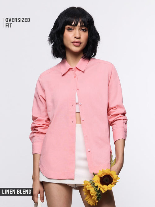 Cotton Linen Shirt: Pink Women Oversized Shirts