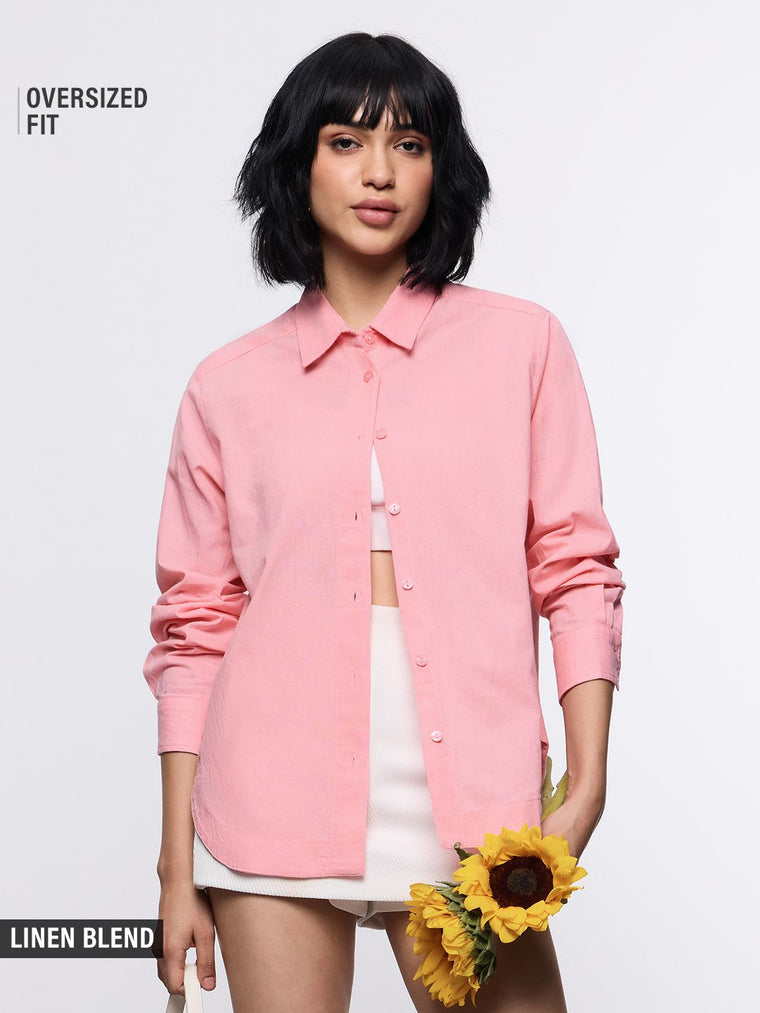 Cotton Linen Shirt: Pink Women Oversized Shirts