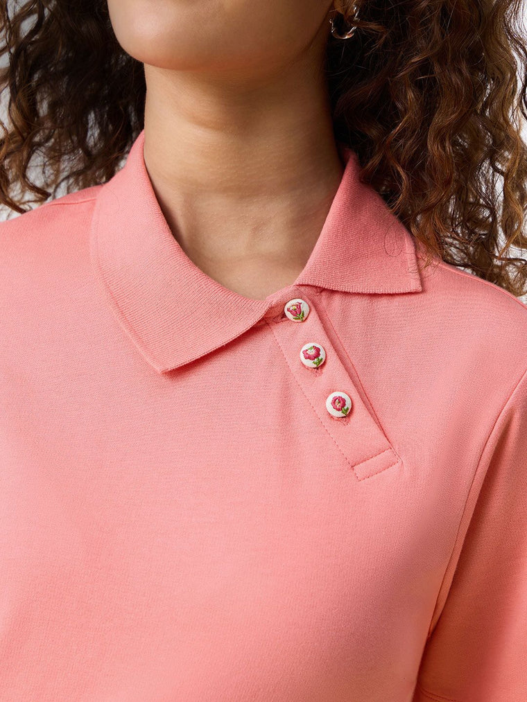 Polo Solid T-shirt: Coral Rose Women Polo T-Shirts