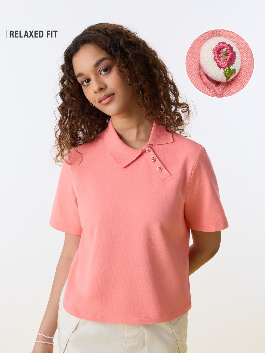 Polo Solid T-shirt: Coral Rose Women Polo T-Shirts