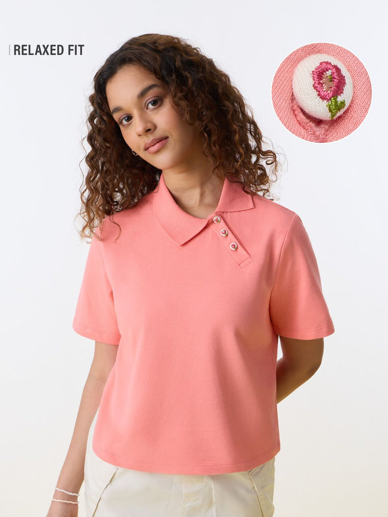 Polo Solid T-shirt: Coral Rose Women Polo T-Shirts