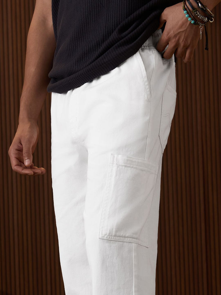Pull On Denims: White Men Cargo Jeans