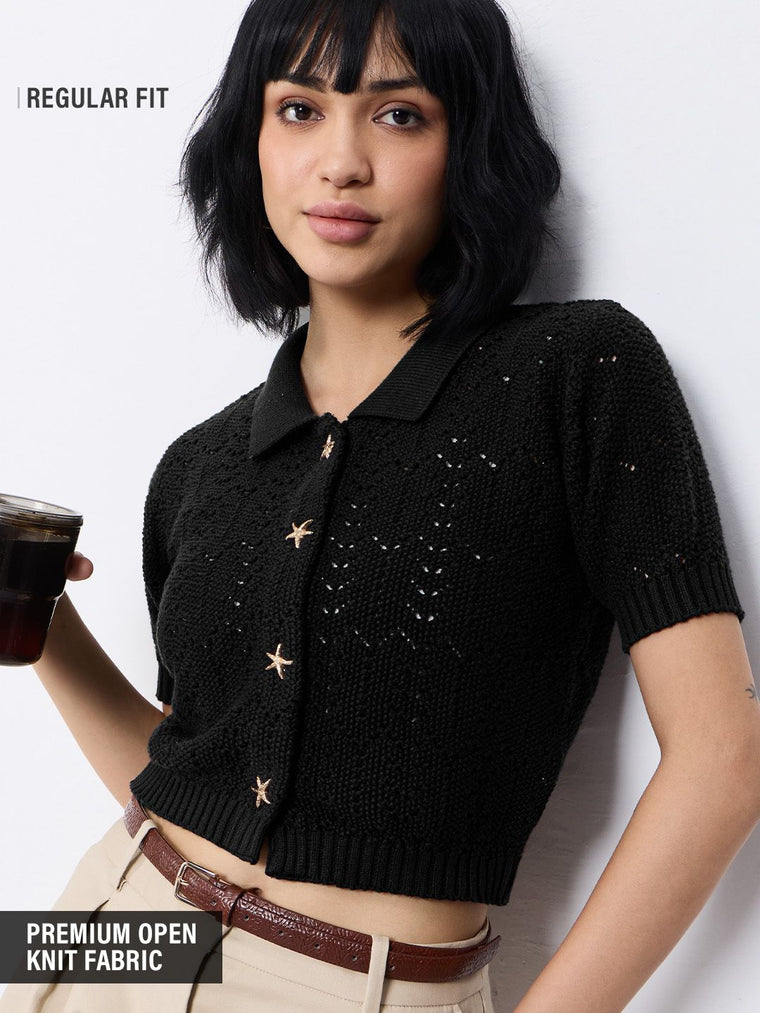 Open-Knit Shirt: Blackout Women Regular Shirts