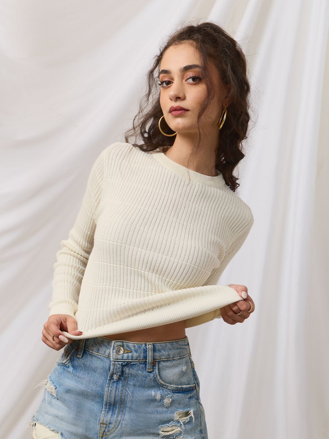 Textured Solid Top: Vanilla Women Knit Tops
