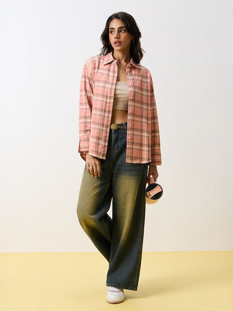 Plaid Shirt: Peach Dust Women Oversized Shirts