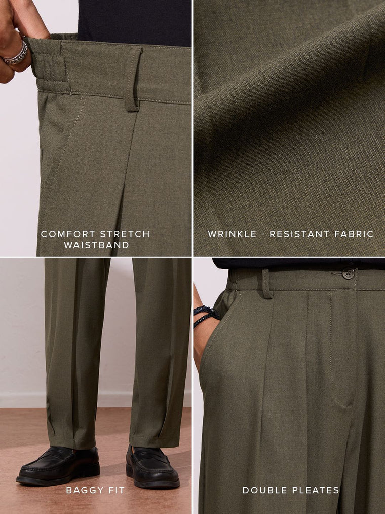 Double Pleated Pants: Brown Men Super Flex Pants