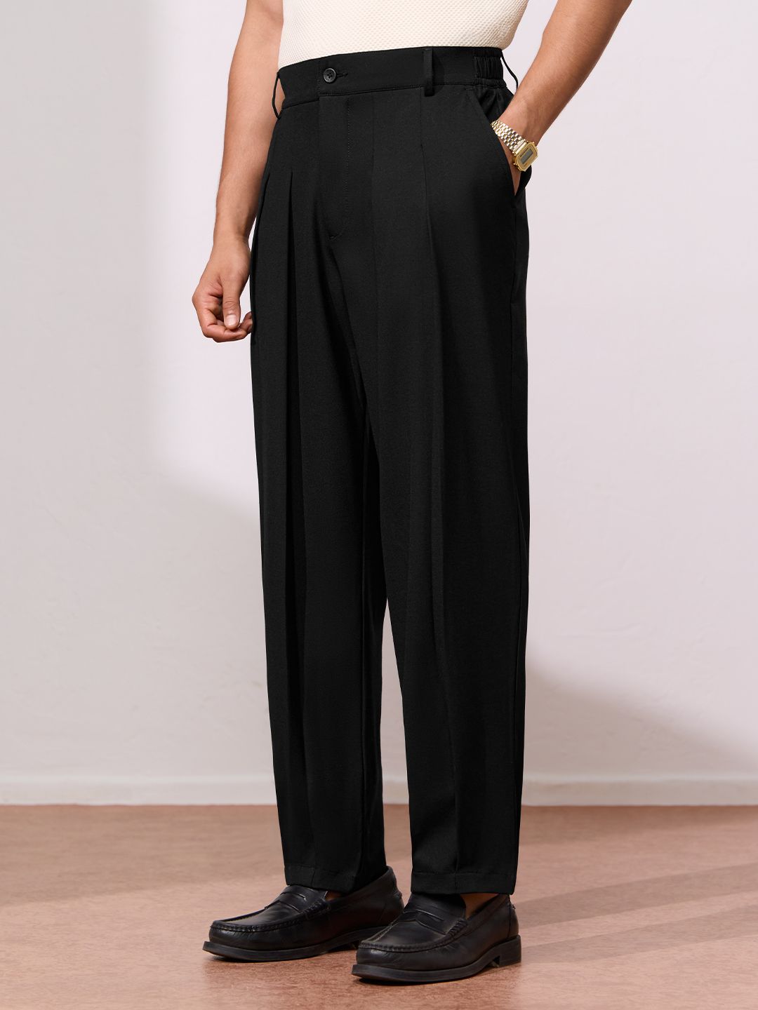 Double Pleated Pants: Black Men Super Flex Pants