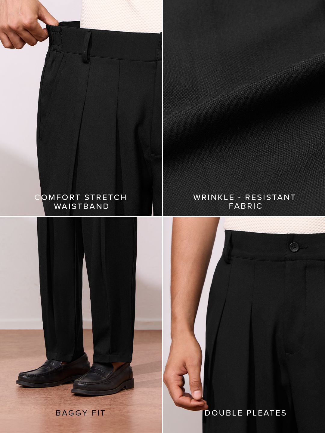 Double Pleated Pants: Black Men Super Flex Pants
