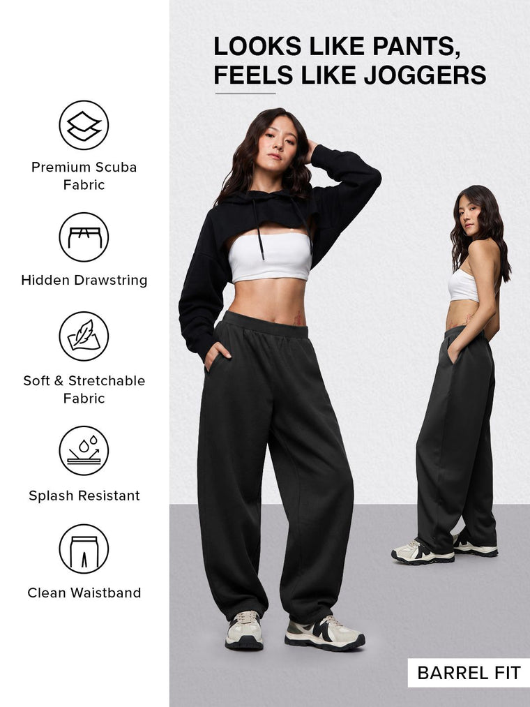 Premium Scuba Joggers: Ink Black Women Barrel Joggers