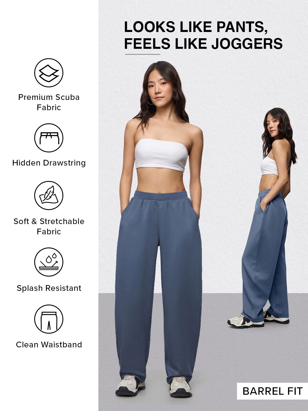 Premium Scuba Joggers: Denim Blue Women Barrel Joggers