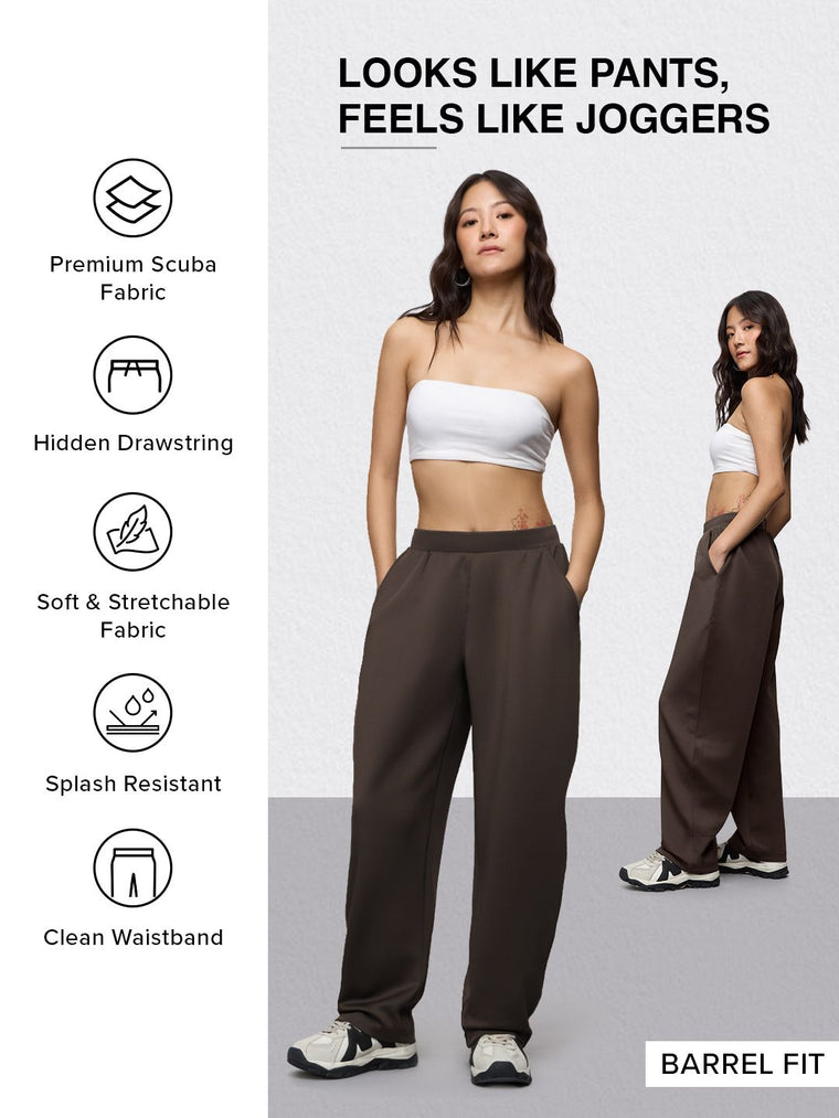 Premium Scuba Joggers: Cocoa Brown Women Barrel Joggers