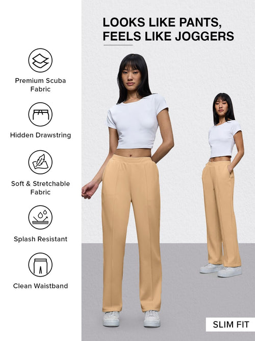Premium Scuba Joggers: Biscuit Brown Women Slim Joggers
