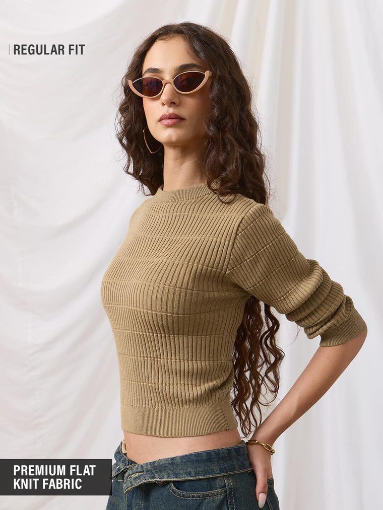 Textured Solid Top: Tiramisu Women Knit Tops