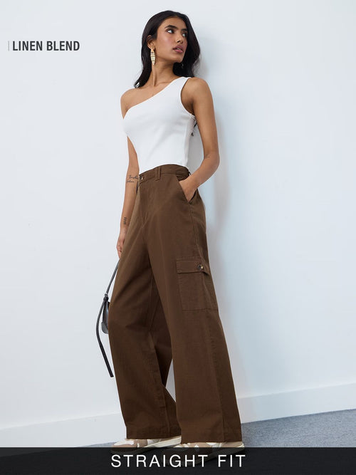 Cotton Linen Pant: Dark Brown Women Straight Pants