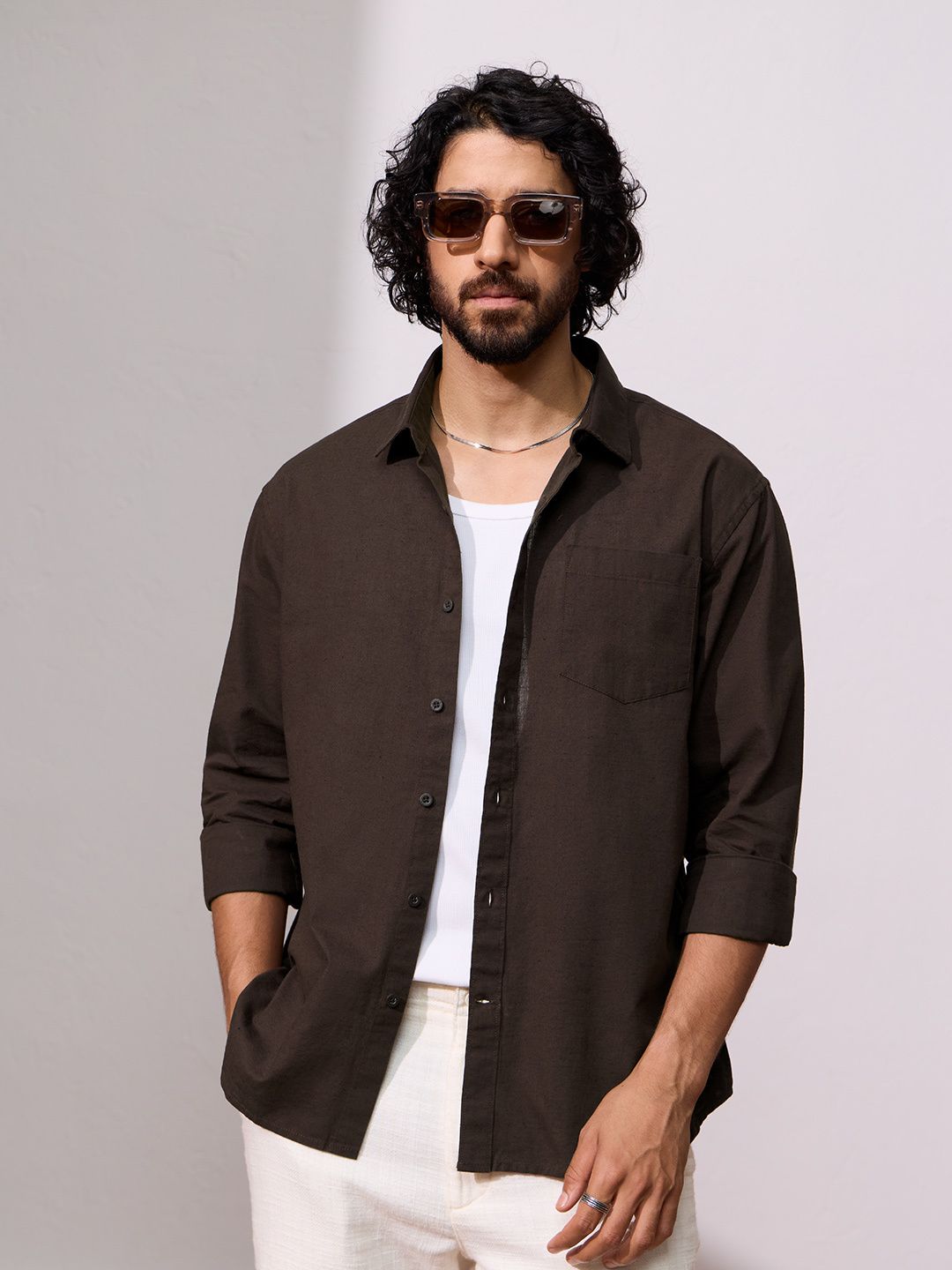Cotton Linen: Deep Cocoa Cotton Linen Shirts