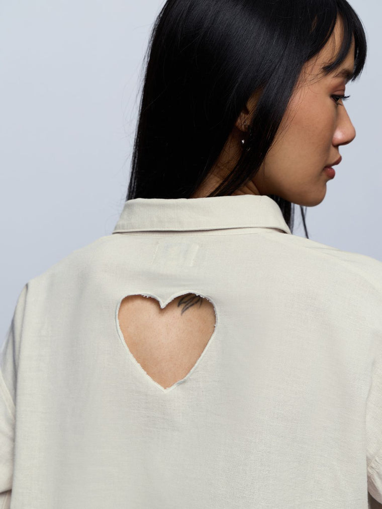 Cotton Linen Shirt: Ivory Heart Women Oversized Shirts