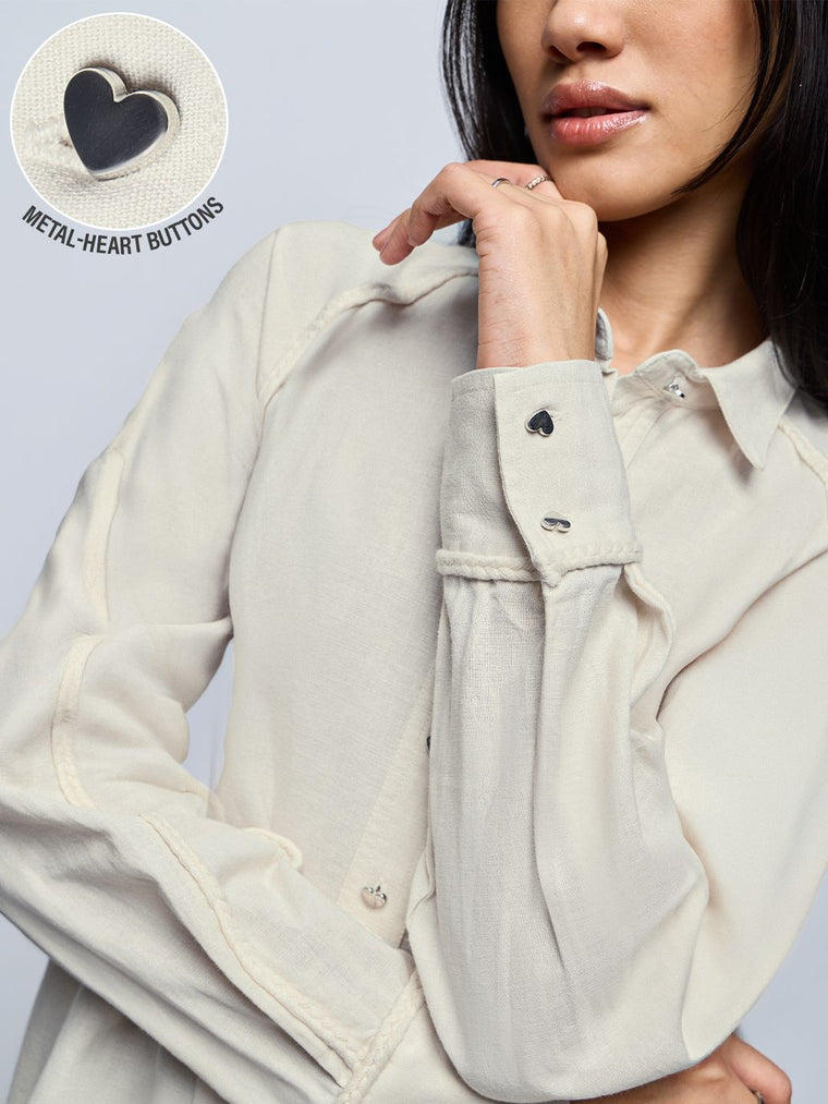Cotton Linen Shirt: Ivory Heart Women Oversized Shirts