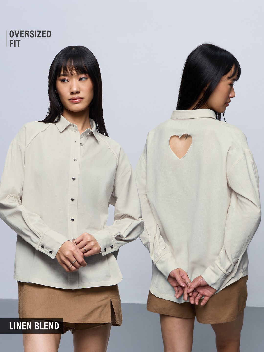 Cotton Linen Shirt: Ivory Heart Women Oversized Shirts