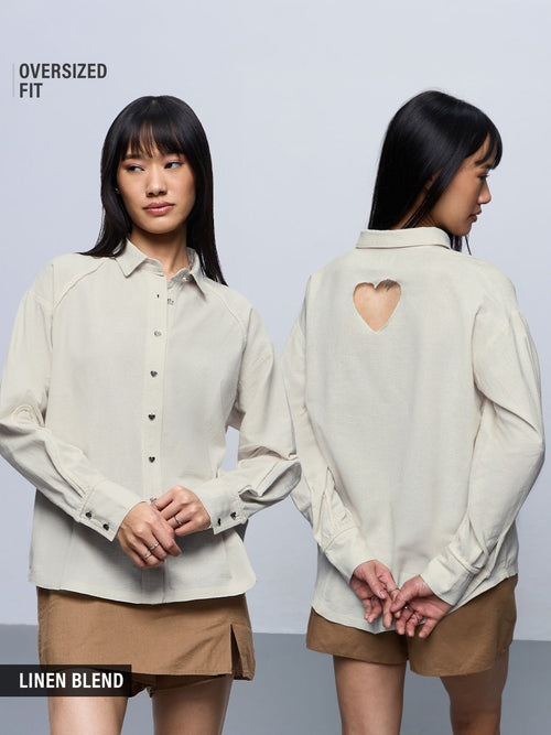Cotton Linen Shirt: Ivory Heart Women Oversized Shirts