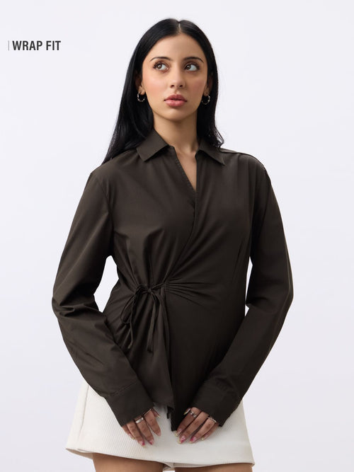 Wrap Shirt: Regal Brown Women Regular Shirts