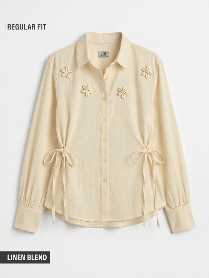 Cotton Linen Shirt: Seashell Women Regular Shirts