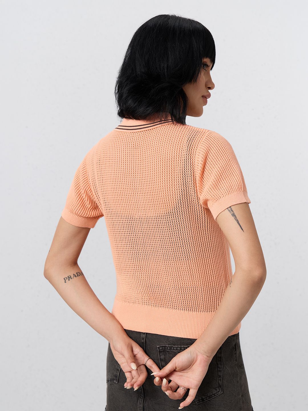 Open Knit Polo: Tangerine Women Polo T-Shirts