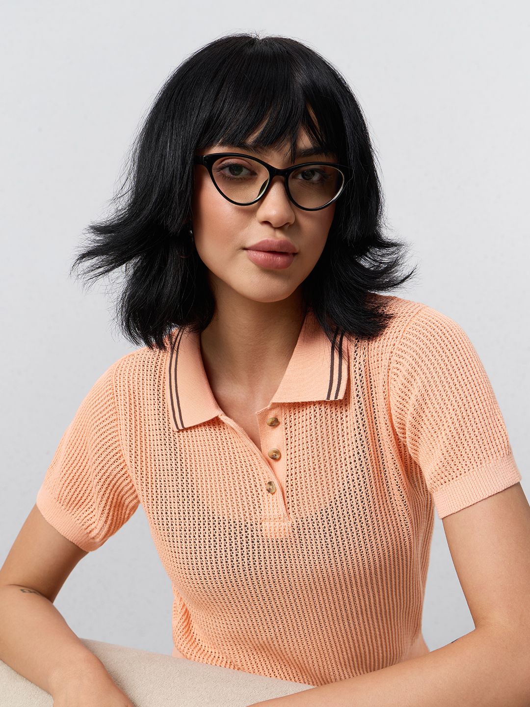 Open Knit Polo: Tangerine Women Polo T-Shirts