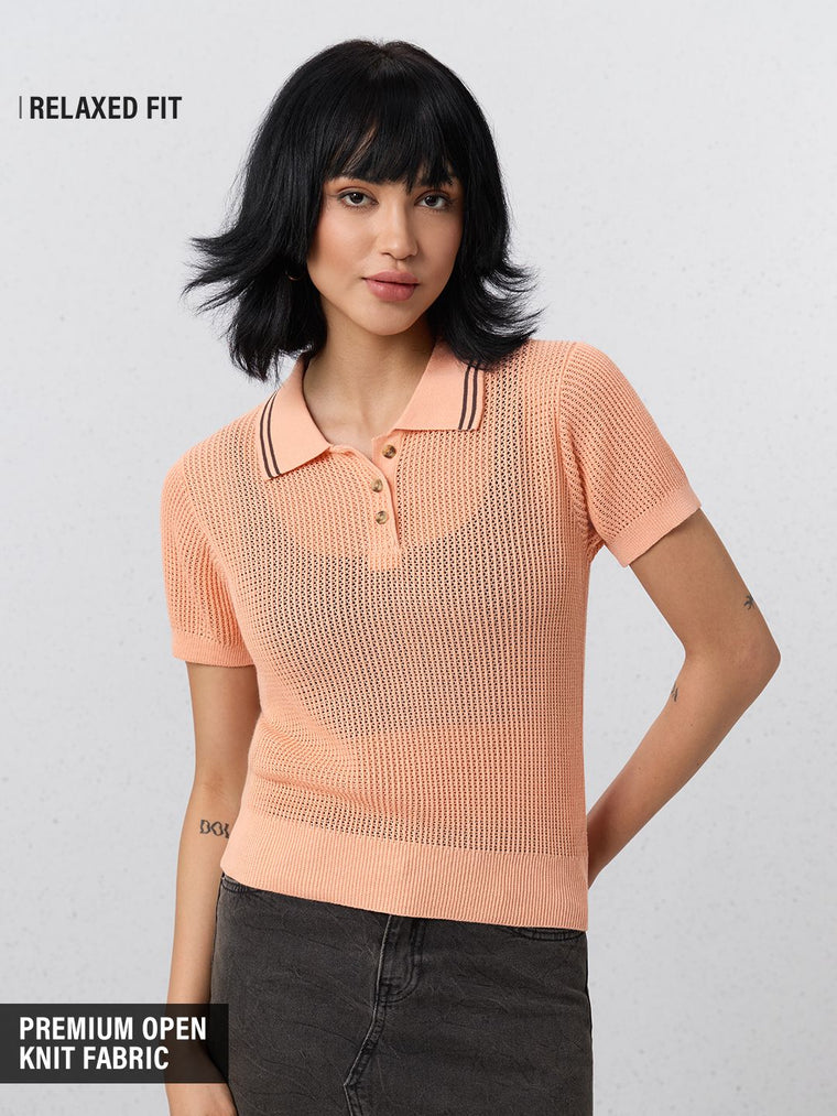 Open Knit Polo: Tangerine Women Polo T-Shirts