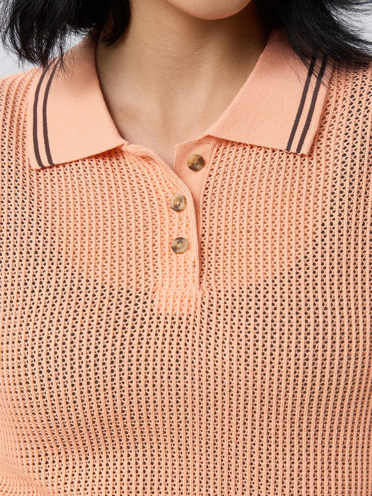 Open Knit Polo: Tangerine Women Polo T-Shirts