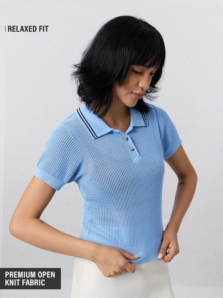 Open Knit Polo: Skyline Women Polo T-Shirts