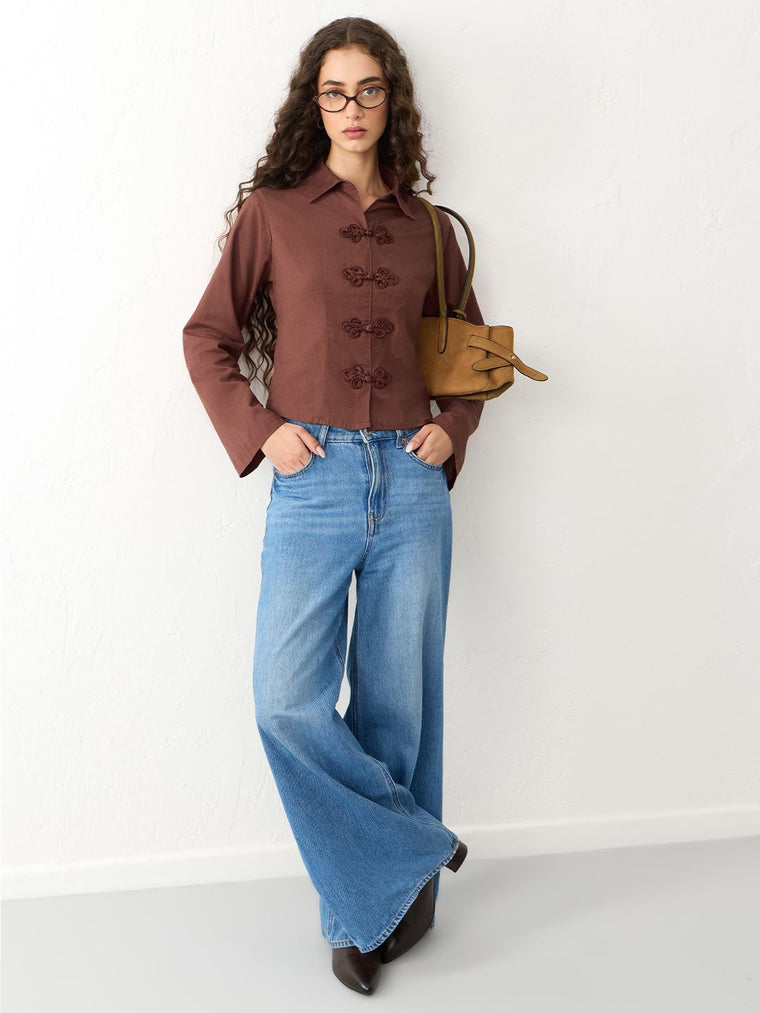 Cotton Linen Shirt: Raw Umber Women Fitted Shirts