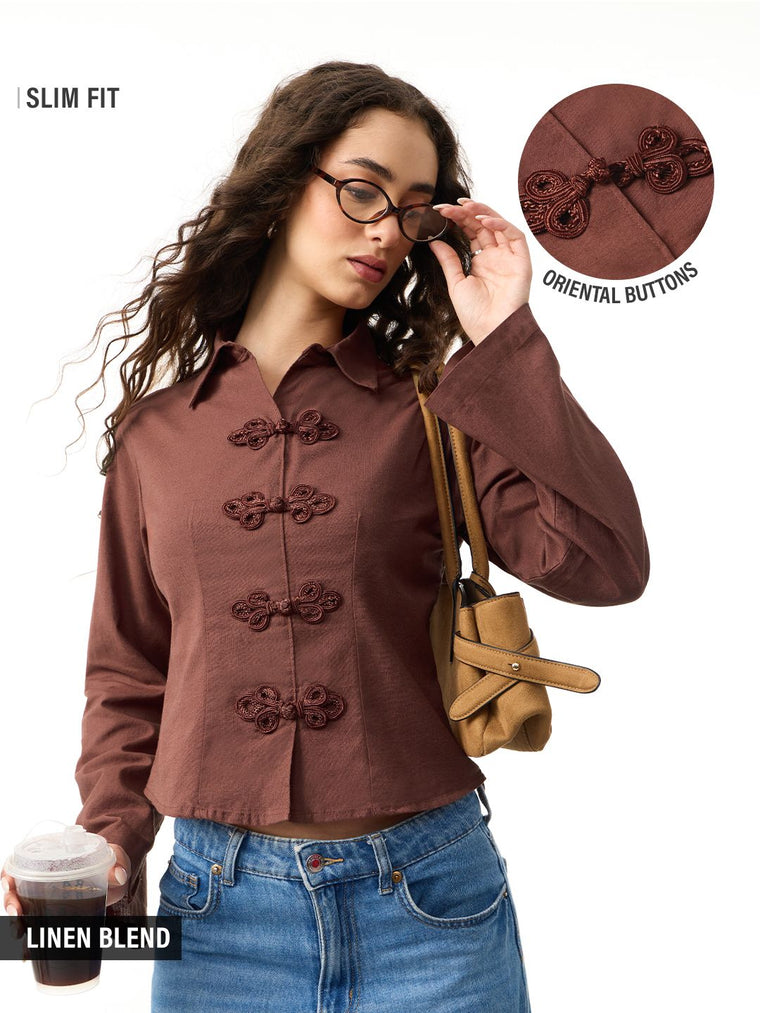 Cotton Linen Shirt: Raw Umber Women Fitted Shirts