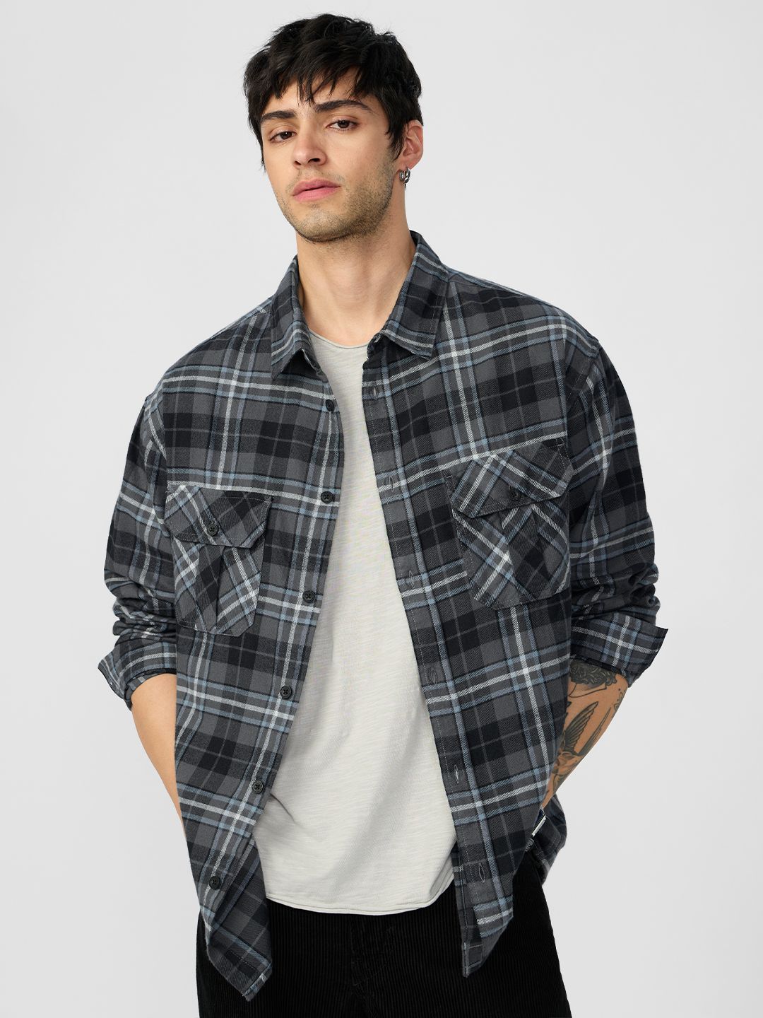 Plaid: Greyscale Men Utility Shirts