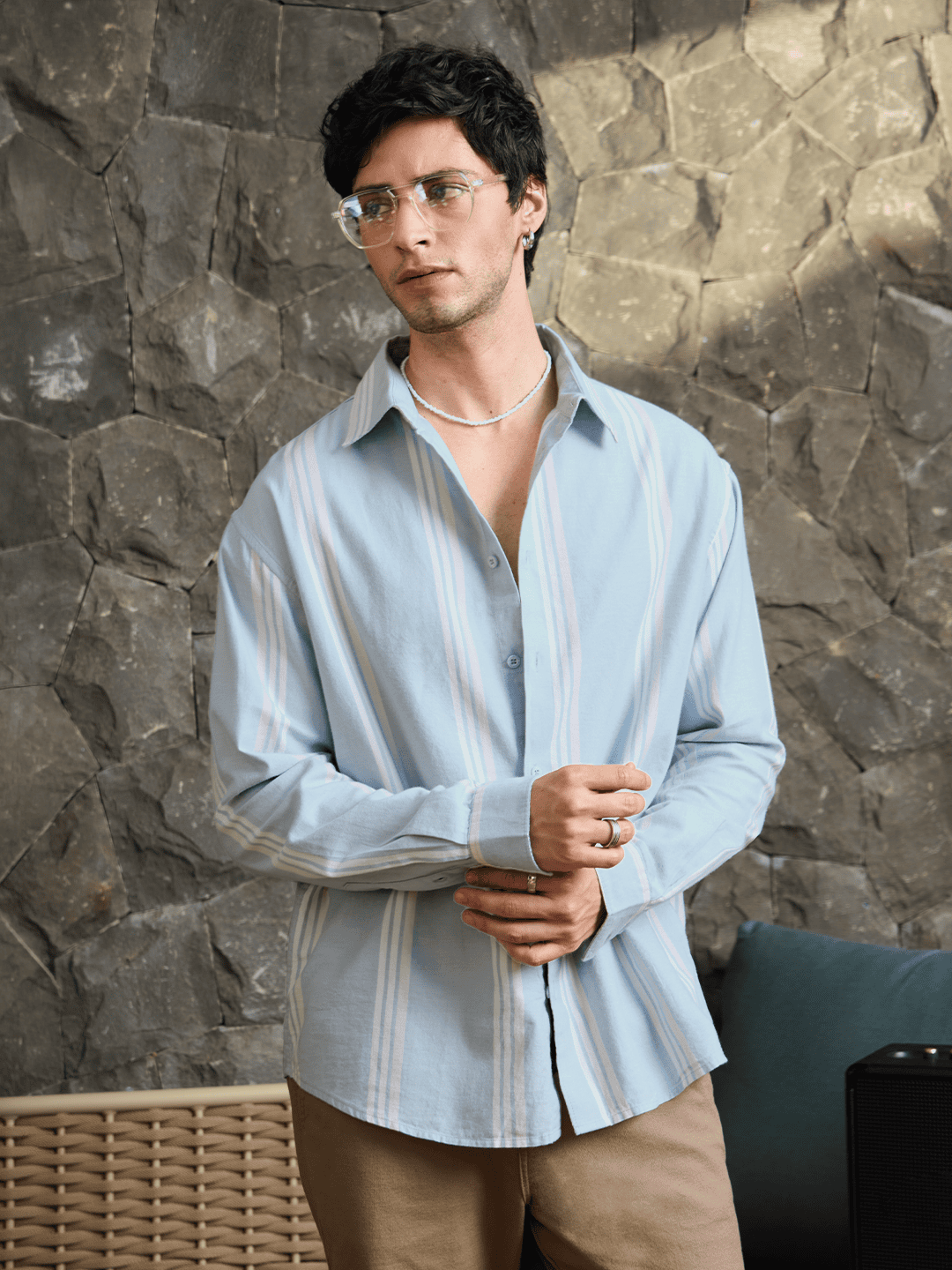 Stripes Shirt: Sky Blue Men Relaxed Shirts