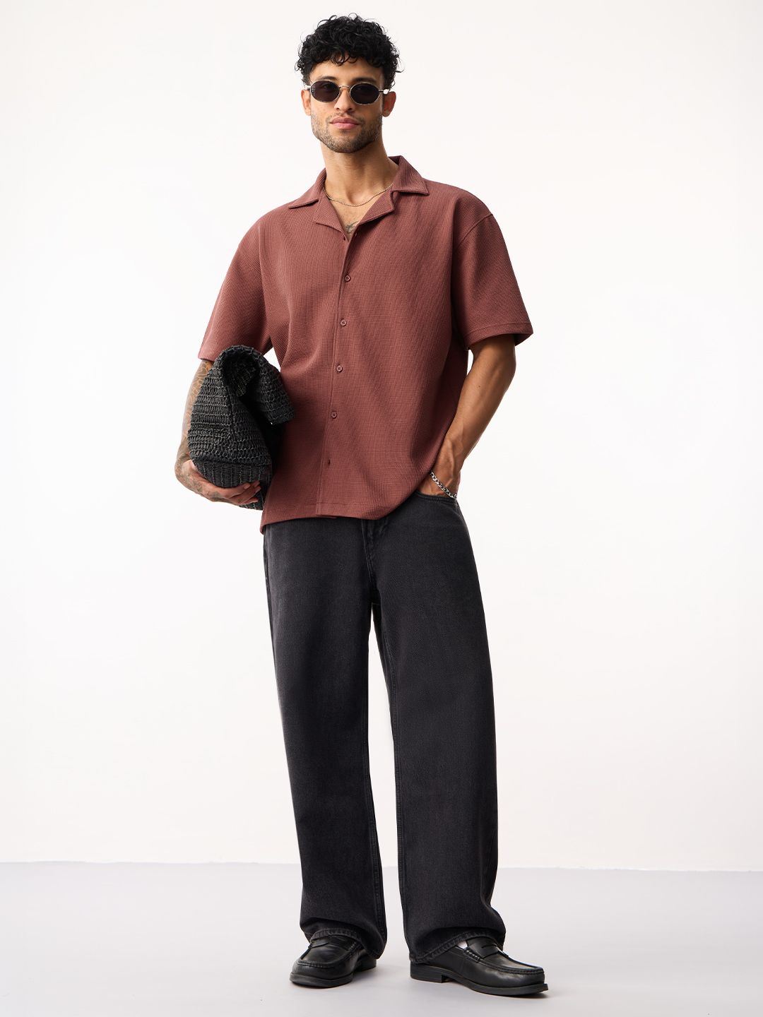 Textured Waffle: Merlot Men Textured Shirts
