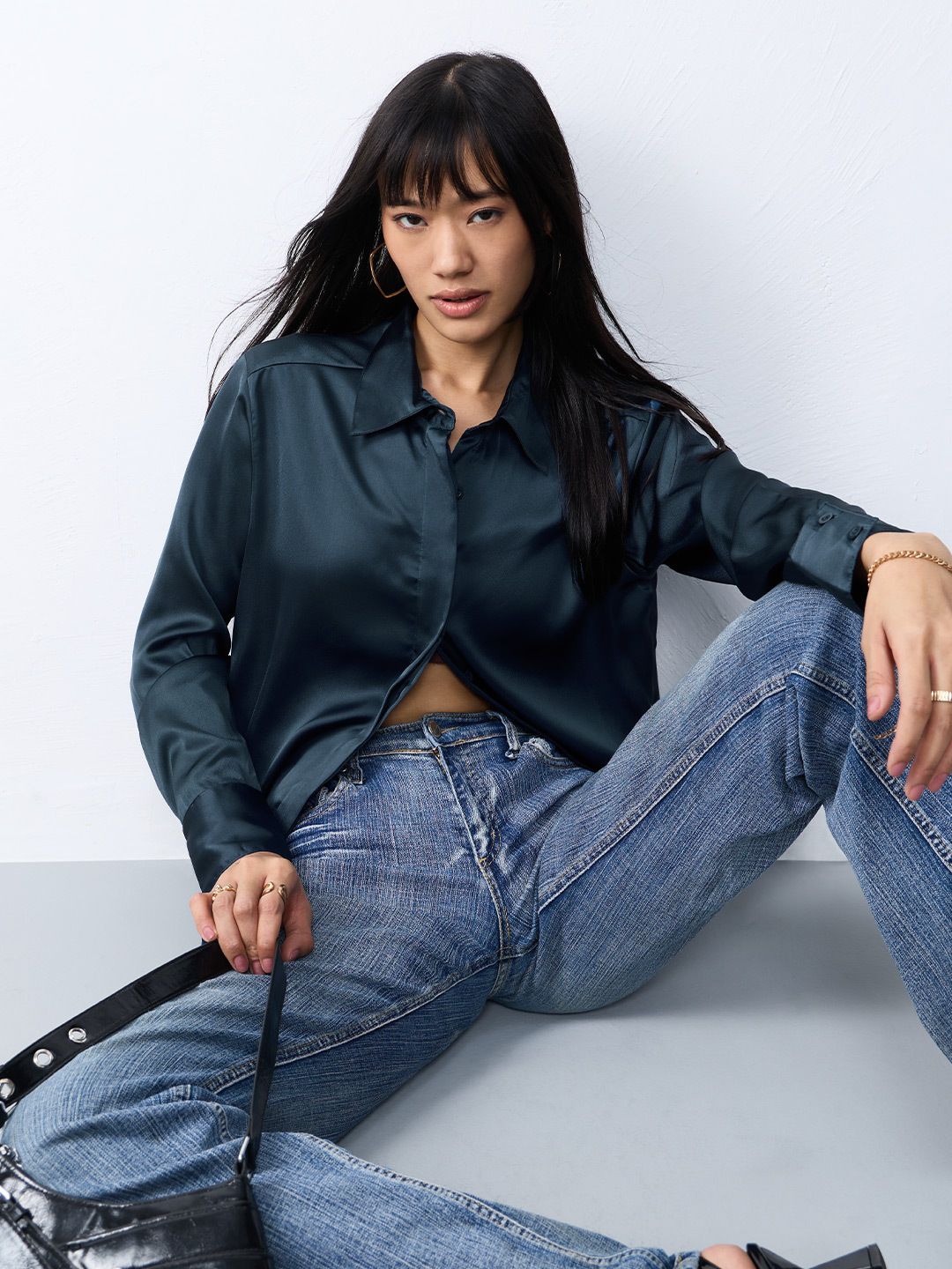 Satin Solid Shirt: Teal Glow Women Relaxed Shirts