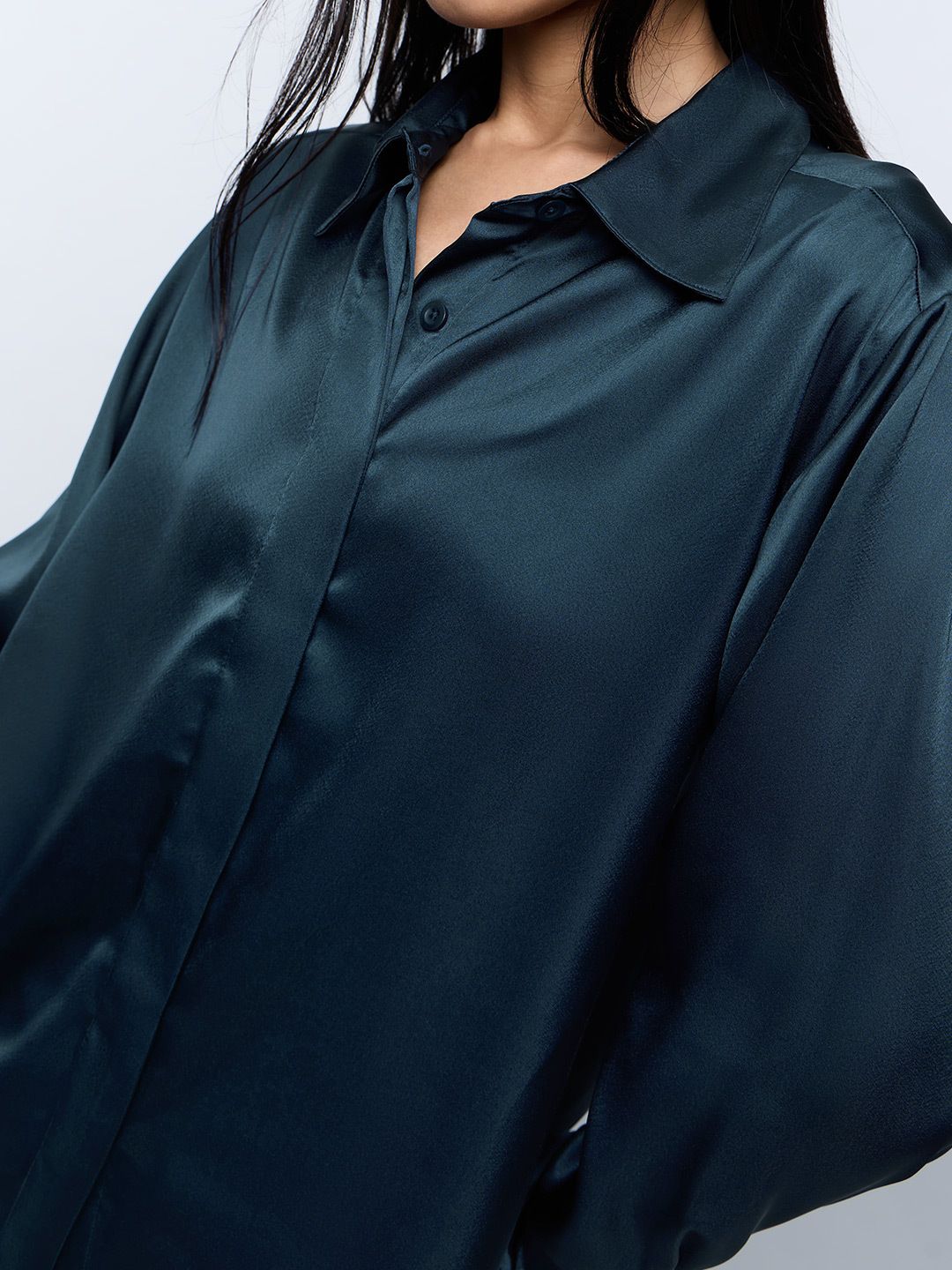 Satin Solid Shirt: Teal Glow Women Relaxed Shirts