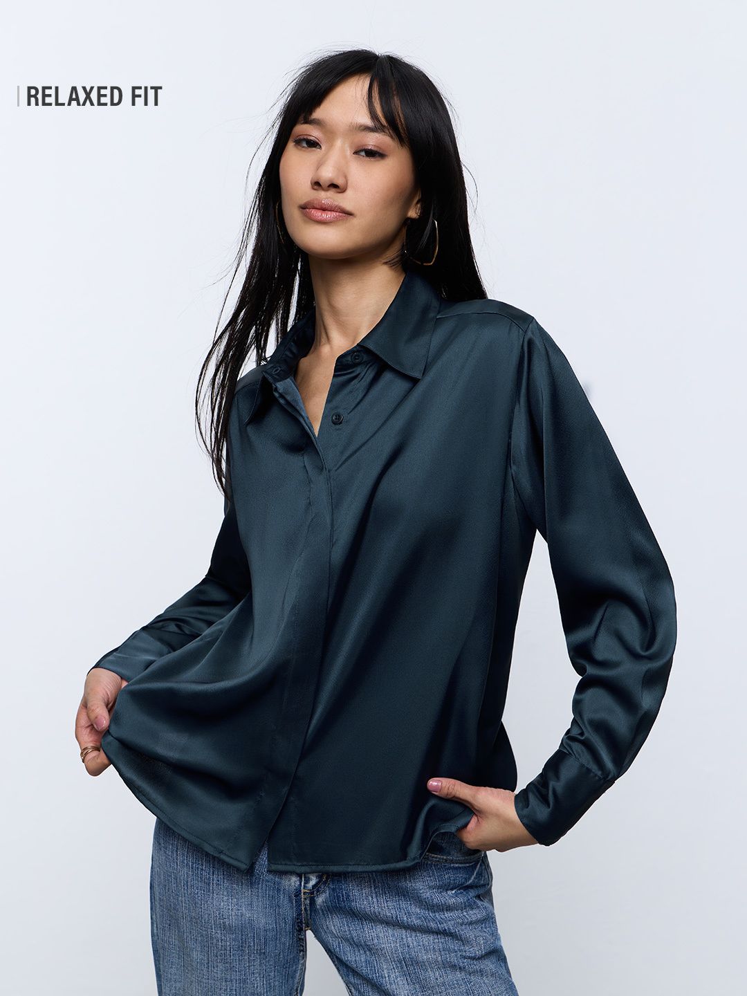 Satin Solid Shirt: Teal Glow Women Relaxed Shirts
