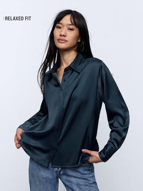 Satin Solid Shirt: Teal Glow Women Relaxed Shirts