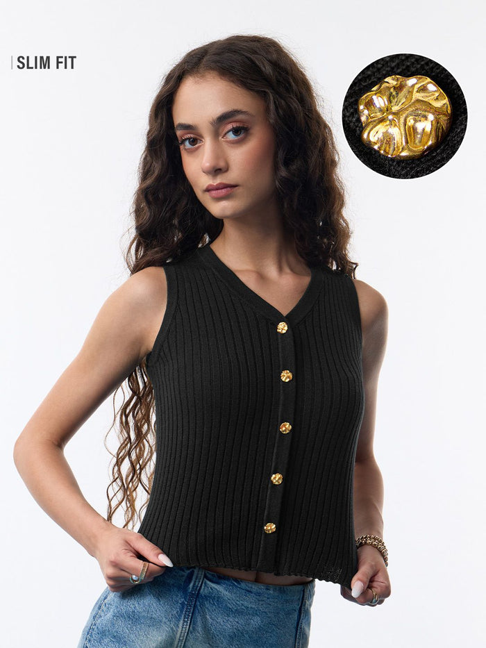 Solid Vest: Carbon Black Women Knit Tops