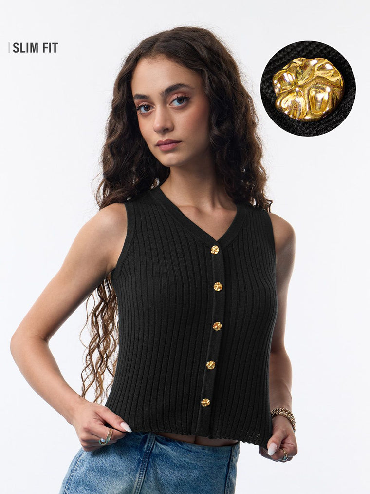 Solid Vest: Carbon Black Women Knit Tops