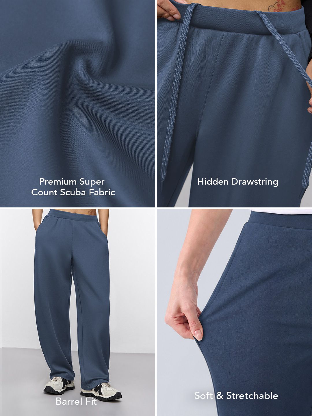 Premium Scuba Joggers: Denim Blue Women Barrel Joggers