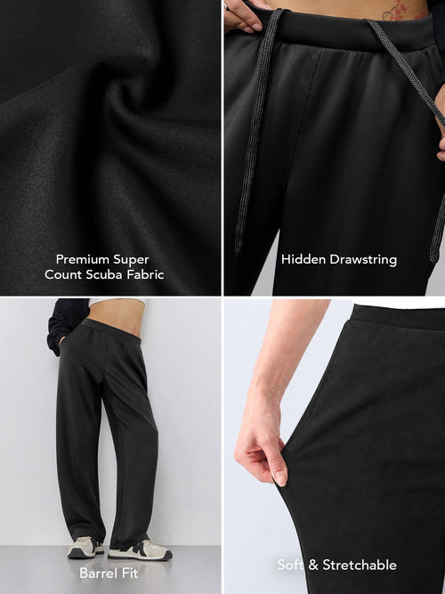 Premium Scuba Joggers: Ink Black Women Barrel Joggers