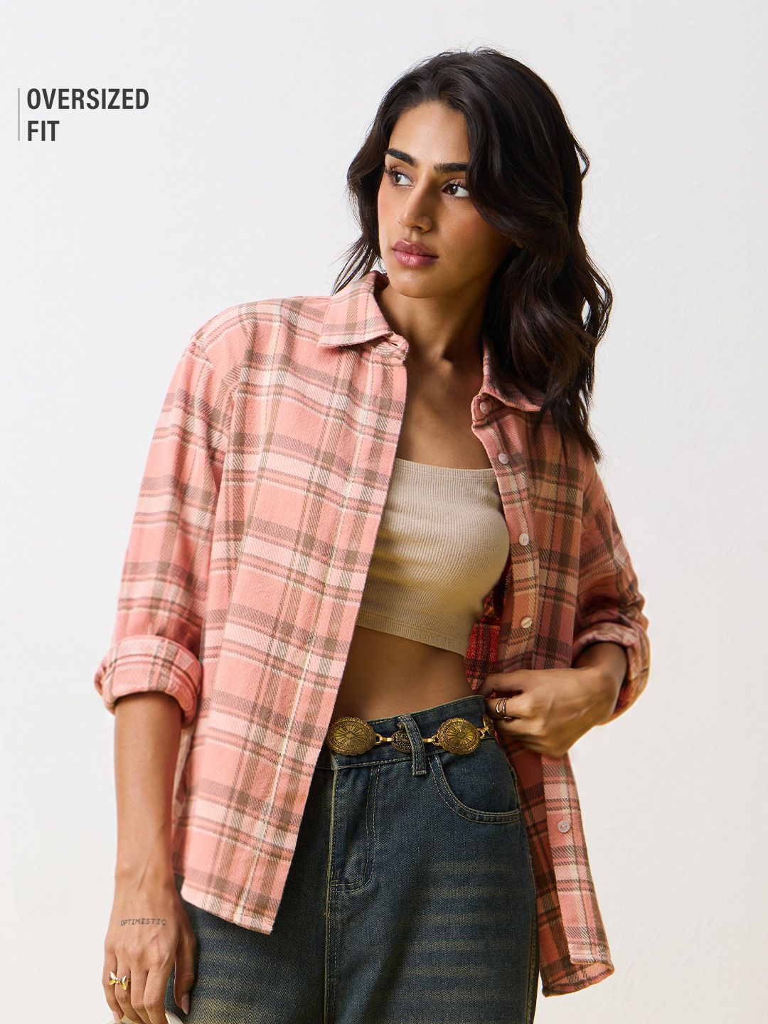 Plaid Shirt: Peach Dust Women Oversized Shirts