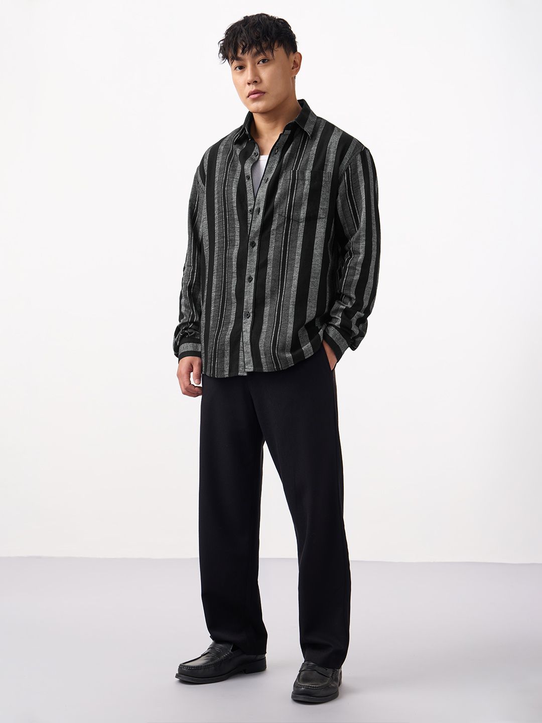 Striped Shirt: Charcoal Men Relaxed Shirts