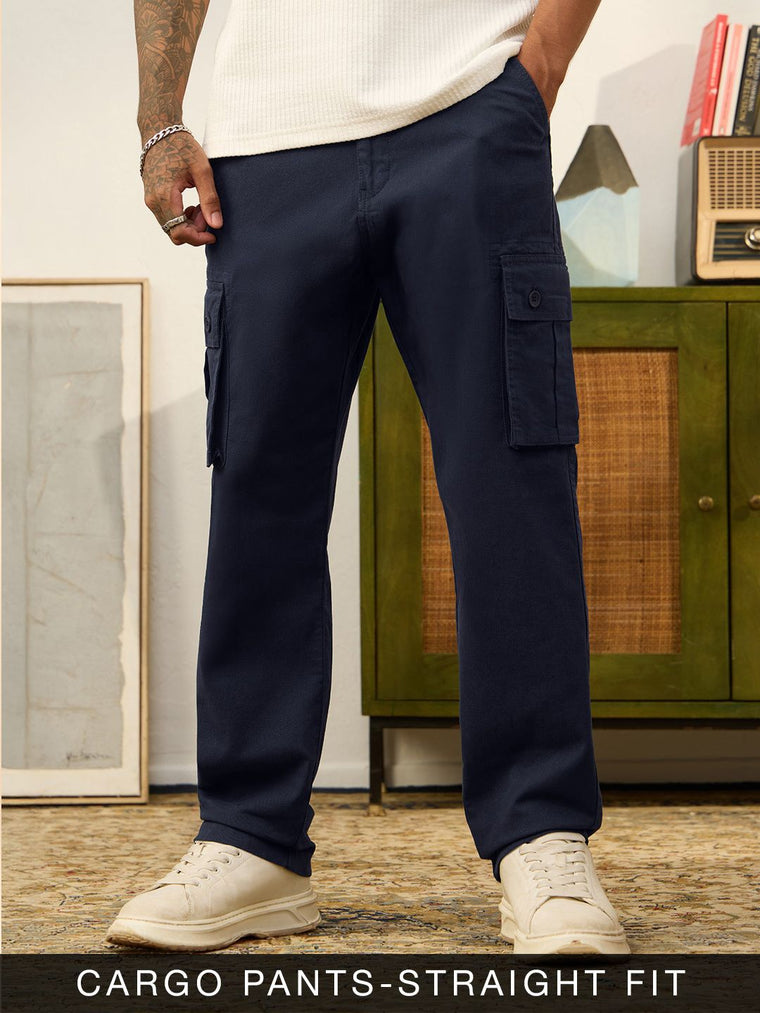 Straight-Fit Pants: Navy Blue Men Cargo Pants