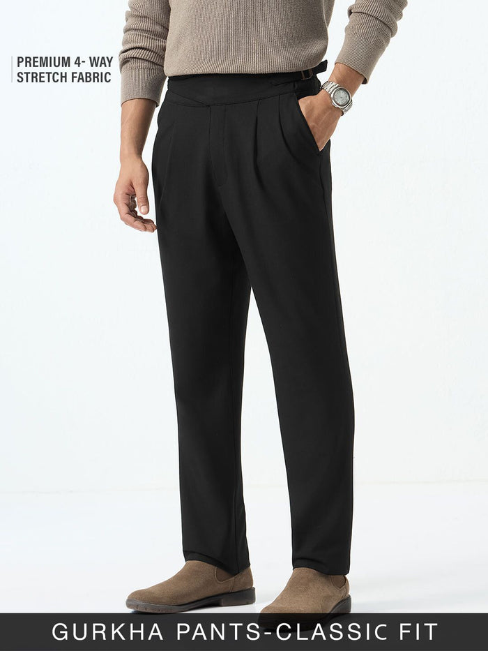 Gurkha Pants: Jet Black Men Super Flex Pants